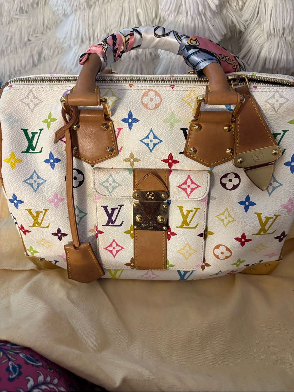 Louis Vuitton White Multicolor Monogram Satchel with Tan Trim